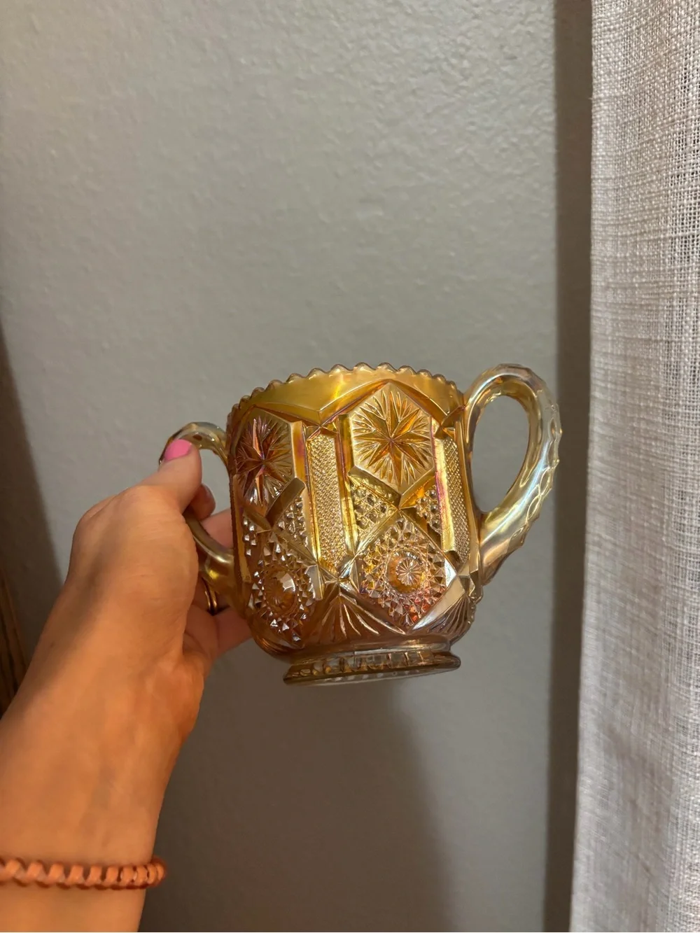 Amber Carnival Glass Two-Handled Decorative Bowl